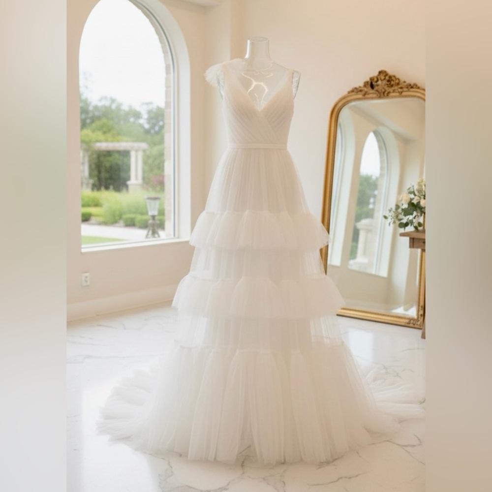 Modern Boho Tiered Wedding Dress | Whimsical White Tulle Gown with Ruffles -XS
